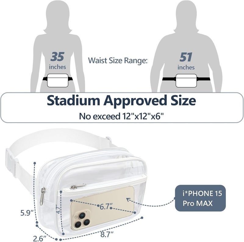 Packism Clear Fanny Pack Stadium Approved - Plus Size 35-51 inches Adjustable Strap Clear Belt Bag for Women Men Transparent Waist Bag for Concerts, Sporting Events - White - Image 3